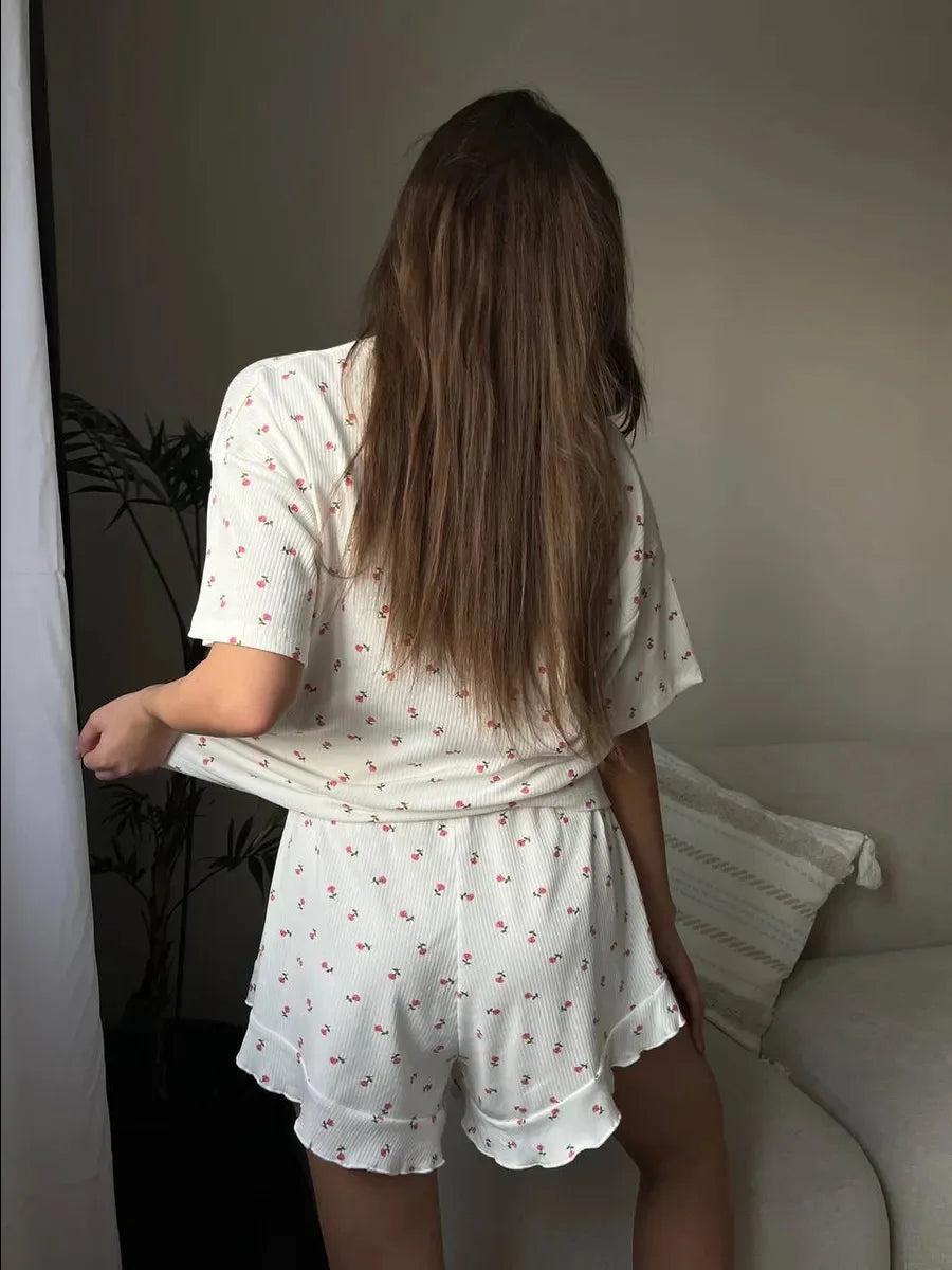 New Women's Pajamas Fashion Shorts Short Sleeve Threaded Printed Pajamas Sweet Comfortable Breathable Loose Home Clothes Set