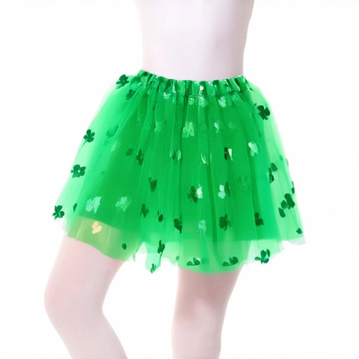 Womens Shamrock Sequin Tulle Skirt Elastic Waist St Patricks Day Tutu Flared Mini Skirt Glittery Bottoms For Festival Costume