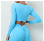 Long Sleeve Gym Crop Tops for Women Twist Deep V Workout Quick Dry Padded Sports Fitness Yoga T-Shirt