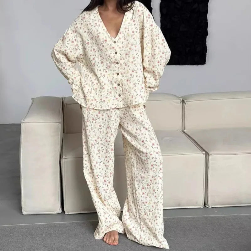 New 100% Cotton Printed Cardigan Pajama Set Women's New Autumn Long Sleeved Pants Pajamas Loose Home Clothing 2-piece Set 2026