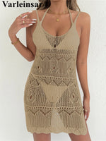 Crochet Knitted Hollow Out Halter Mini Dress Tunic Beach Cover Up Cover-ups Beach Dress Beach Wear Beachwear Female Women V8210