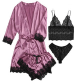 4pcs Women Striped Lingerie Set Lace Trim Robe Camisole Shorts Panties Nightwear Sleepwear Homewear Sexy Pajamas Outfit