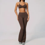 Summer Fitness Suit Women Seamless Hanging Neck Pleate Sports Bra Yoga Sets High Waist Wide Leg Leggings Running Athletic Wear