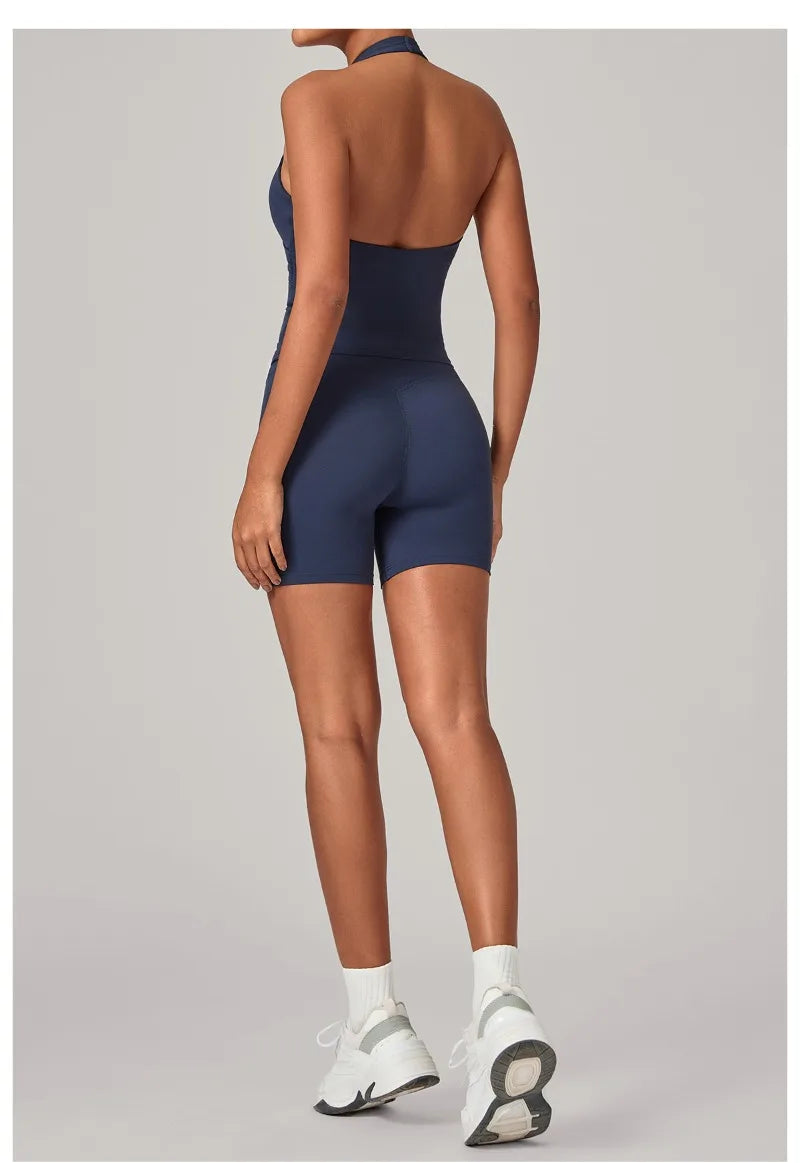 Women's Seamless Yoga Fitness Sets Sports Halter Neck Backless Vest Hip-lifting Slim Fit Shorts Suits Running Workout Gym Sets