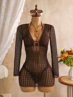 DEKA Sexy Hollow Out Long Sleeve Bikini Set Coffee Mesh Cover Up 3 Piece Swimsuit 2026 Women Push Up Bathing Suit Thong Swimwear
