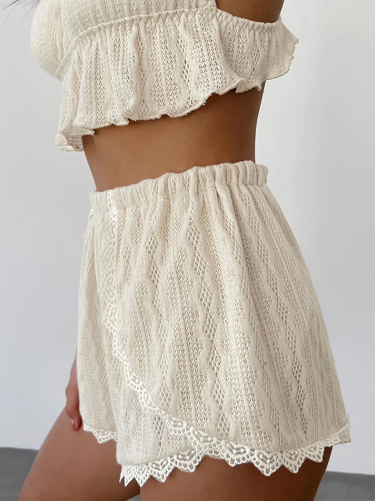Women 2 Piece Pajama Set Lace Trim Camisole Shorts Textured Hollow Out Summer Sleepwear Lightweight Home Loungewear