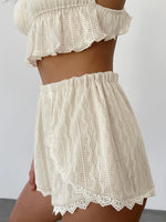 Women 2 Piece Pajama Set Lace Trim Camisole Shorts Textured Hollow Out Summer Sleepwear Lightweight Home Loungewear