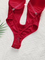 Red Lace Underwire Bodysuit Deep V Plunge Teddy Lingerie Removable Clear Strap Snap Crotch One Piece Shapewear A8188