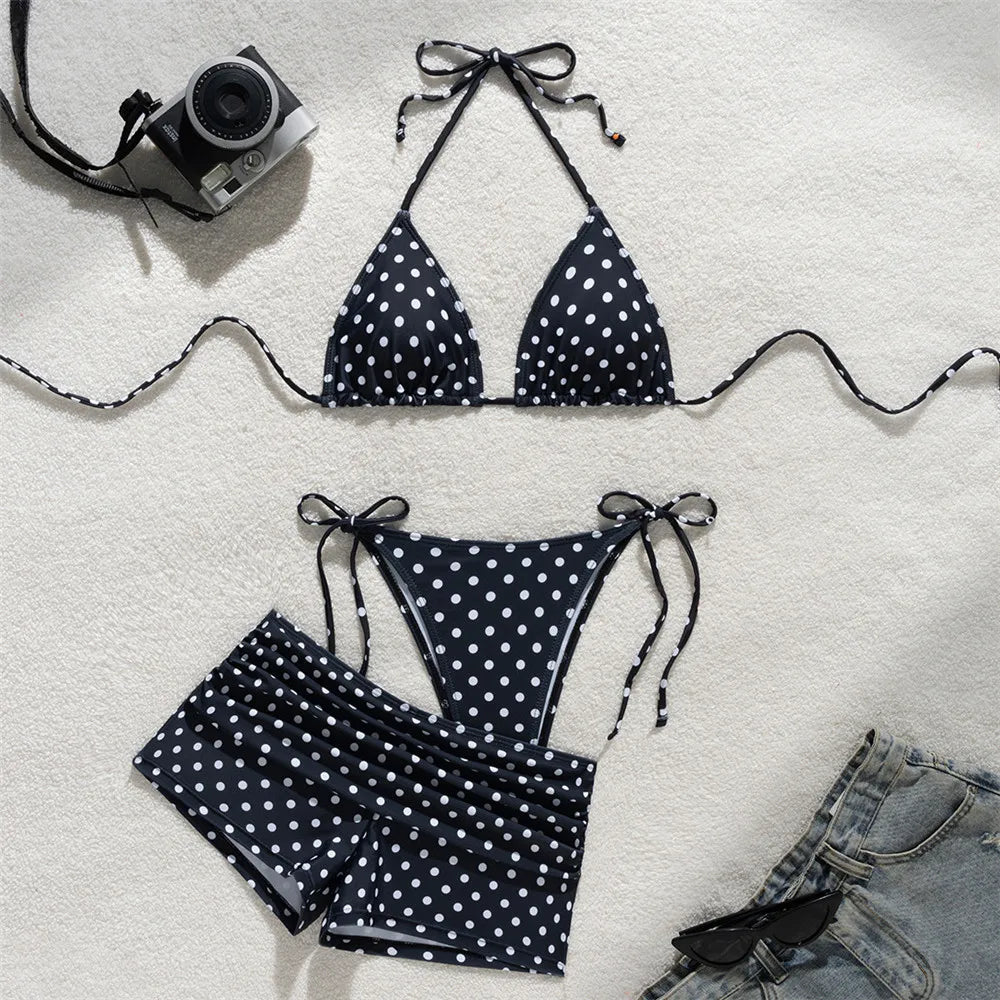 White Dot Print Micro Thong 3 Piece Bikinis Sets Bottoms Shorts Swimwear Sexy Swimsuit Woman 2026 Halter String Triangle Bikini