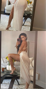 2023 New Crochet Beach Maxi Dress for Women See Through Sexy Bikini Plunge Backless Bandage Sleeveless Lacing Split Long Dresses