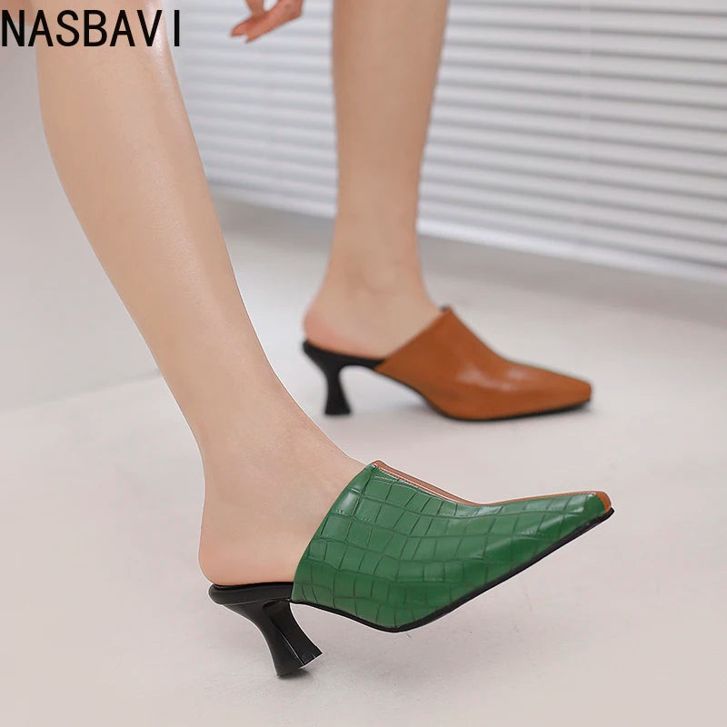 NASBAVI New Breathable Hollow Slippers Stone Pattern Leather Pumps Women Chunky Heels Mules Black Dress Shoes Big Size 45 46 47