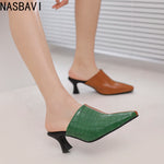 NASBAVI New Breathable Hollow Slippers Stone Pattern Leather Pumps Women Chunky Heels Mules Black Dress Shoes Big Size 45 46 47