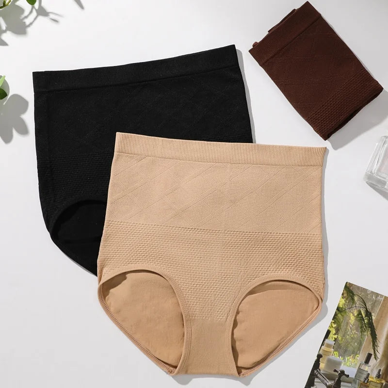 Women Waffle Knit Panties High Waist Seamless Underwear Rhombus Jacquard Tummy Control Briefs Daily Wear Ladies Underpants M-XL