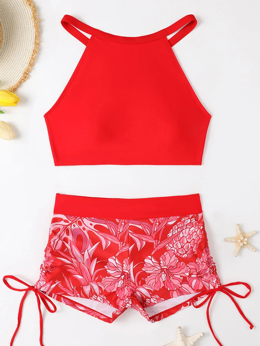 2026 Print High Waist Swimsuit Women High Neck Bikini Drawstring Swimwear Female Bathers Bathing Swimming Swim Suit Beachwear
