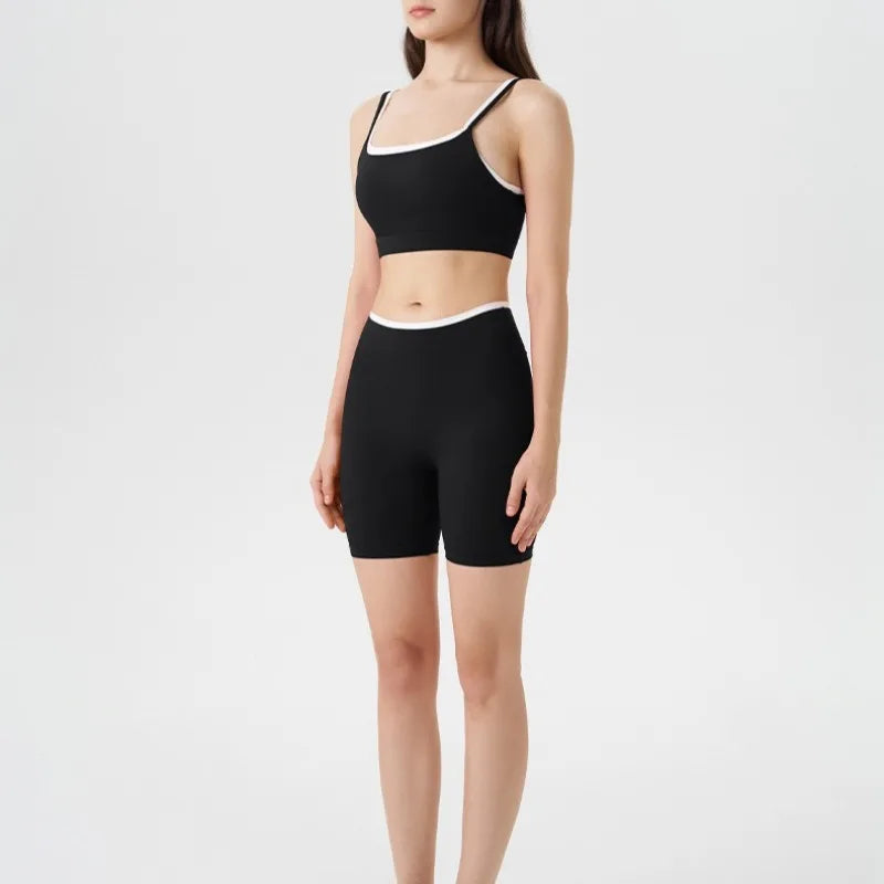 Women's 2-piece Yoga Set Fake Two-Piece Color-Block White Stripe Camisole Running Sports Bra Shorts Yoga Outfit Set