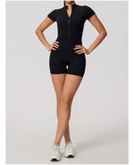 Hearuisavy Summer Women's Short Sleeved Sports Overalls Running Yoga Jumpsuit High Stretch Push Up Fitness Bodysuit With Zipper