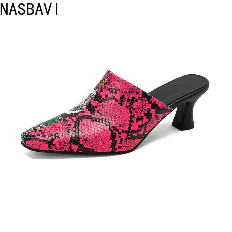 NASBAVI New Breathable Hollow Slippers Stone Pattern Leather Pumps Women Chunky Heels Mules Black Dress Shoes Big Size 45 46 47