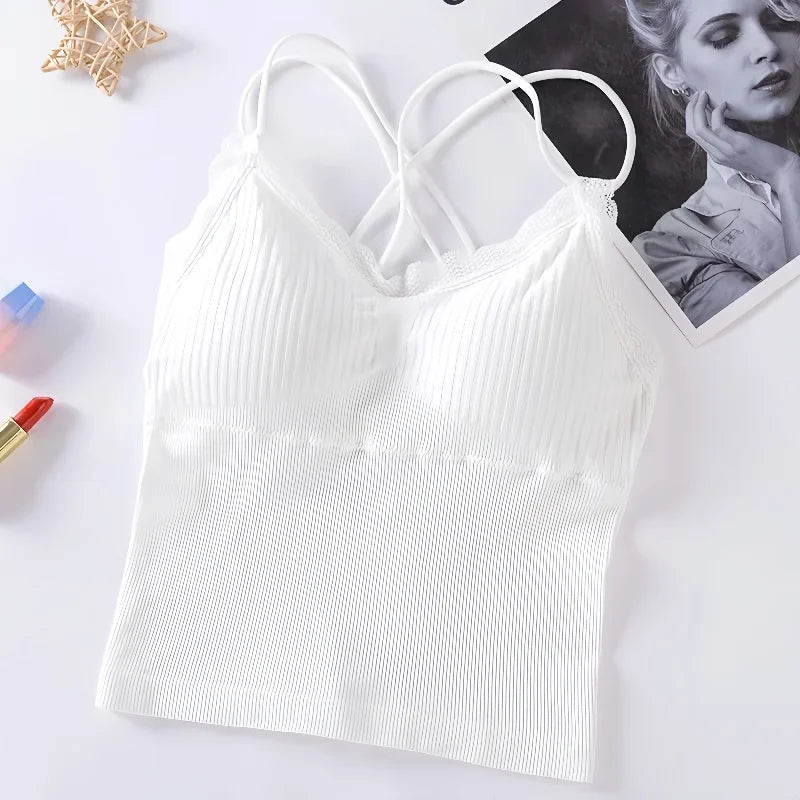 Summer Tank Top Women Crop Tops Sexy Lingerie Beauty Back Seamless Underwear Lace Bralette Camis Female Padded Camisole Femme