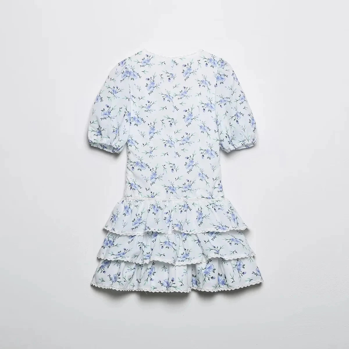 Foridol Blue Flower Print Women Tiered Mini Aummer Autumn Beach Dress Puff Sleeve Vintage Party Cotton Short Boho Lace Dress