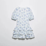 Foridol Blue Flower Print Women Tiered Mini Aummer Autumn Beach Dress Puff Sleeve Vintage Party Cotton Short Boho Lace Dress