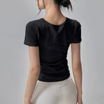Big round Neck Yoga T-Shirt Short-Sleeved Slimming Sports Top with Fixed Chest Cushion for Running Pilates Summer Stretch