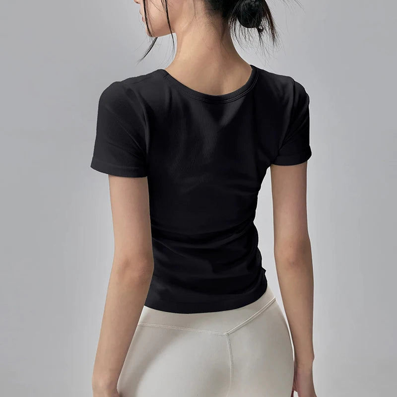 Big round Neck Yoga T-Shirt Short-Sleeved Slimming Sports Top with Fixed Chest Cushion for Running Pilates Summer Stretch
