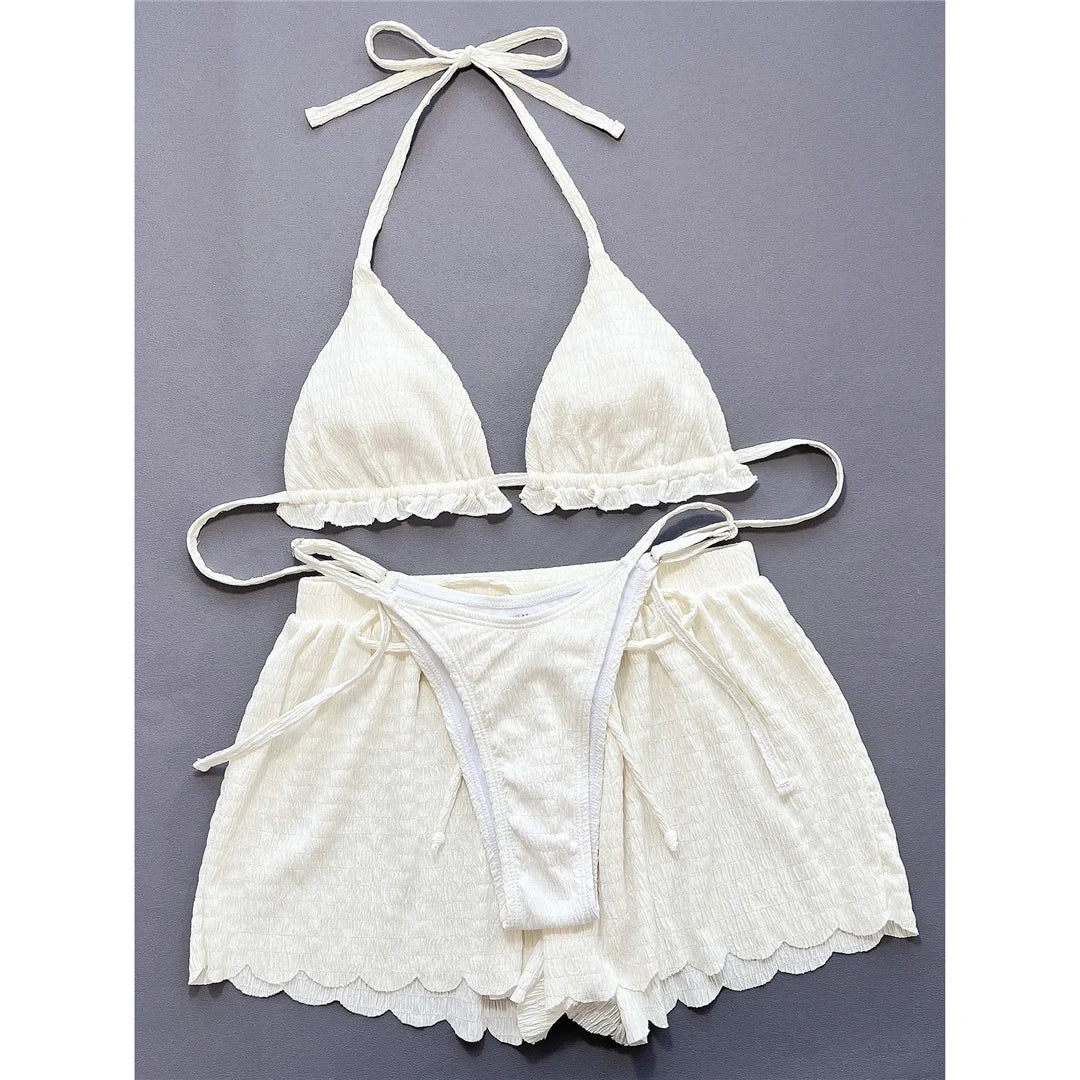 Ruffled Firlled Halter Bikini Women Swimwear Female Swimsuit Three-Pieces Bikini Set With Shorts Bather Bathing Suit Swim V5673