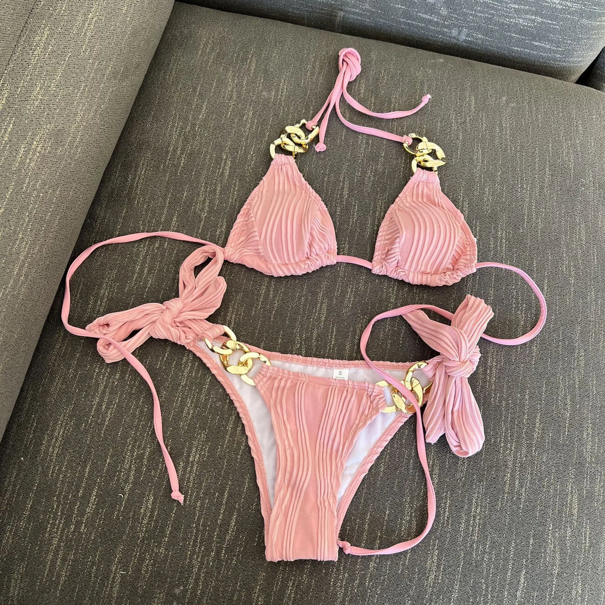 Sexy Metal Chain Thong Bikini 2025 Women White Black Cut Out Push Up Micro Swimsuit Beach Bathing Suit Tie Side Thong Swimwear