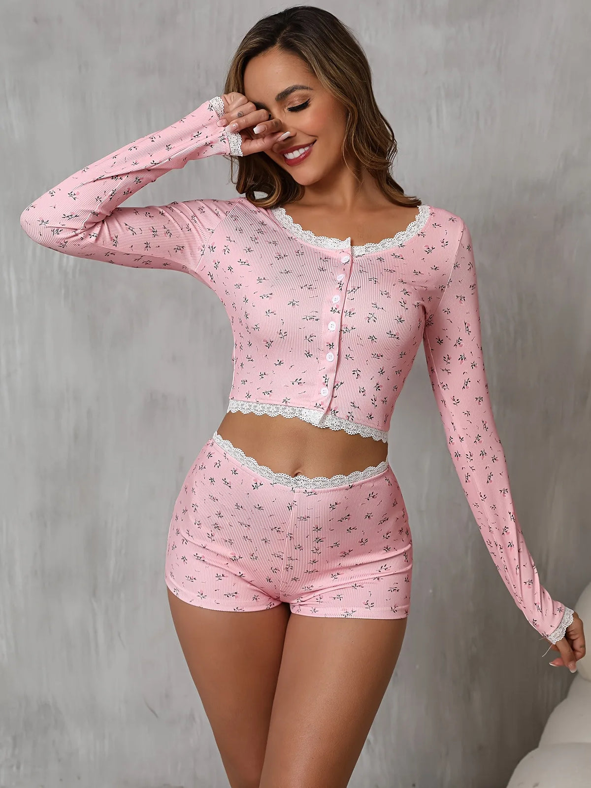 Women’s Floral Pajama Set Long Sleeve Button Front Crop Top and Lace Trim Shorts Soft Ribbed Loungewear