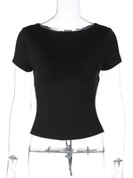 FDYOUI Fashion Casual Backless Lace-up T-shirts Women's Summer O-neck Short Sleeve Cropped Tops Streetwear Y2K Solid Tee Shirt