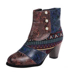 Ankle Boots Women Autumn PU Women's Shoes Ethnic Waterproof Casual Vintage Shoes Zipper High Heel Short Boots Botas Mujer