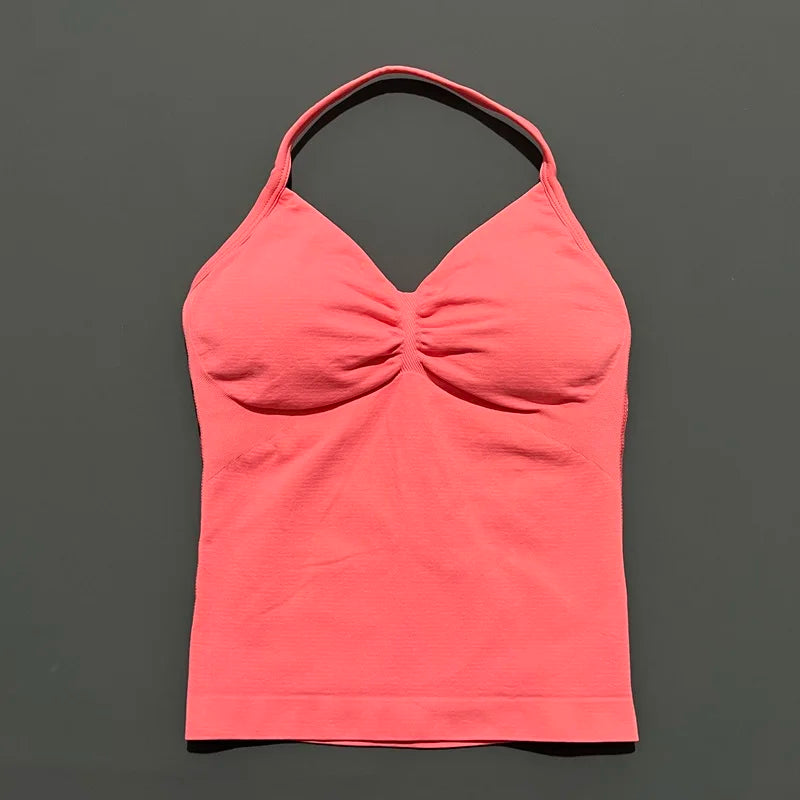 HISTELLO GYM Longline Strappy Top Women Seamless Yoga Clothing With Removable Pads V Neck Open Back Bra Workout Sports Halter