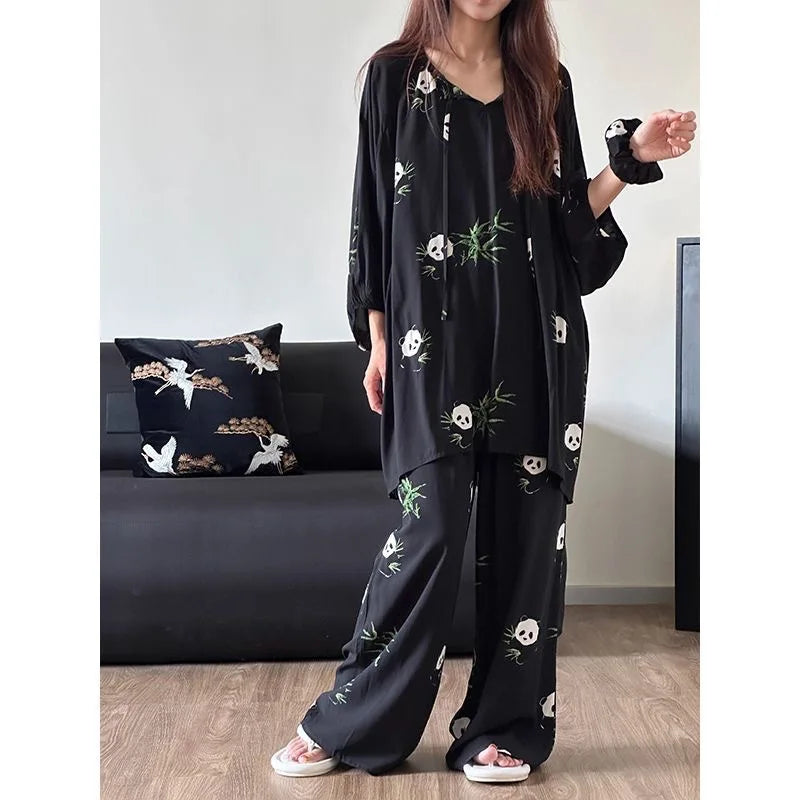 Popular Pajama Women's Cartoon Panda Leopard Print Imitation Cotton Spring and Autumn Style New Plus Size Home Suit Set