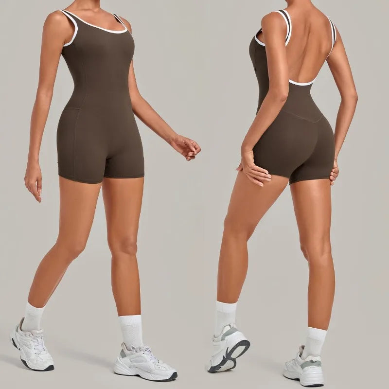 Women's Seamless Yoga Jumpsuits Sports Fitness Gym Sleeveless Backless Hip-lifting Shorts One-piece Training Workout Jumpsuit