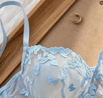 French Style Blue Lace Bra and Panties Set Women Sexy Eyelash Lace Underwear Transparent Mesh Two Piece Lingerie