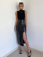 WOMENGAGA High Waist Slim Side Split PU Leather Skirt For Women Spring/Summer Irregular Split One Step Skirt Mid Length 761R