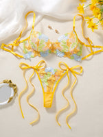 Women Yellow Floral Embroidery Lingerie Set Bow Tie Side Sheer Mesh Bra And Thong 2‑Pieces Intimate Underwear ZA825291