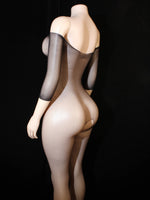 Women Fishnet Bodysuit Off Shoulder One Piece Mesh Body Stocking, Stretchy Black Lingerie with 3/4 Sleeves for Evening Homewear