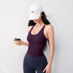 Women's U-Neck Yoga Vest with Chest Pad Long Running Sports Gym Top Breathable Comfortable Fitness Clothing