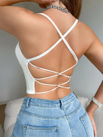 Women Spaghetti Strap Crop Cami Top Square Neck Criss Cross Back Lace‑Up Slim Fit Sleeveless Y2K Club Party Tank Tops