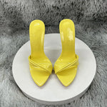 Women's Yellow Patent Leather Pointed Toe Stiletto Mules - Twisted Strap High Heel Sandals for Party, Summer & Evening