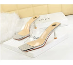 BIGTREE Sexy Silver PVC Transparent Crystal Womens Slippers 2026 Summer Square Toe Thin High Heels Sandals Ladies Shoes