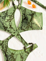 Shiny Blue Snakeskin Print One Piece Swimsuit Women 2026 Sexy Hollow Out Backless Metal Cross Bathing Suit Swimwear Monokini