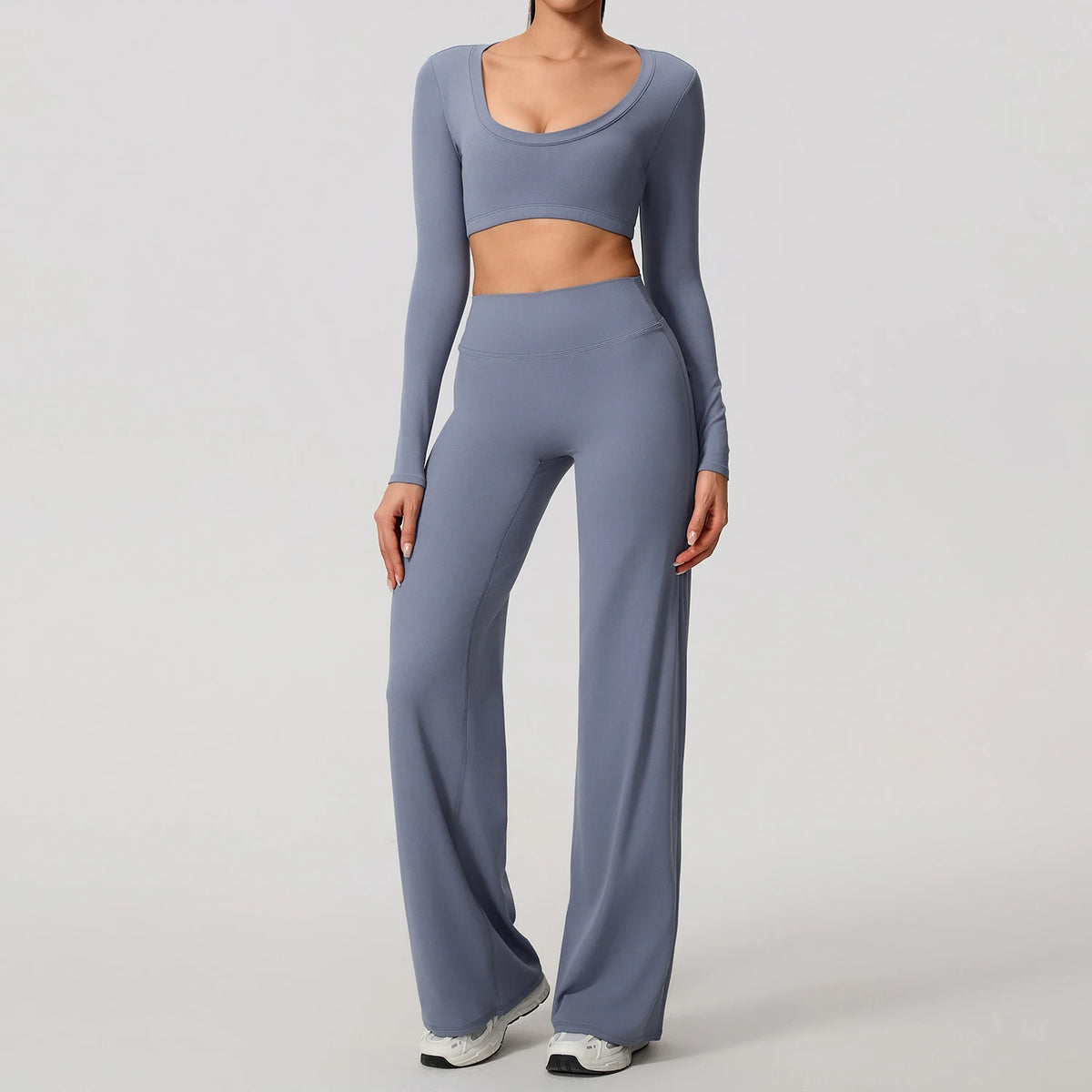 Hearuisavy Sports Set 2Pcs Women'sLong Sleeve Backless Fitted Fitness Top Push Up Pilates Yoga Top Wide Leg Straight Leg Pants