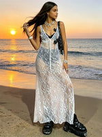 Women Lace Dress Sleeveless V Neck Long Dress for Party Club Beach 2026 Summer Sexy See Through Bikini Cover-ups