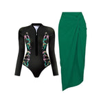 Black And Printed Long Sleeve Swimsuit With Cover Up Sexy Swimwear Women Surf Swim Suit Slimming Bathingsuit Bodysuit Beachwear