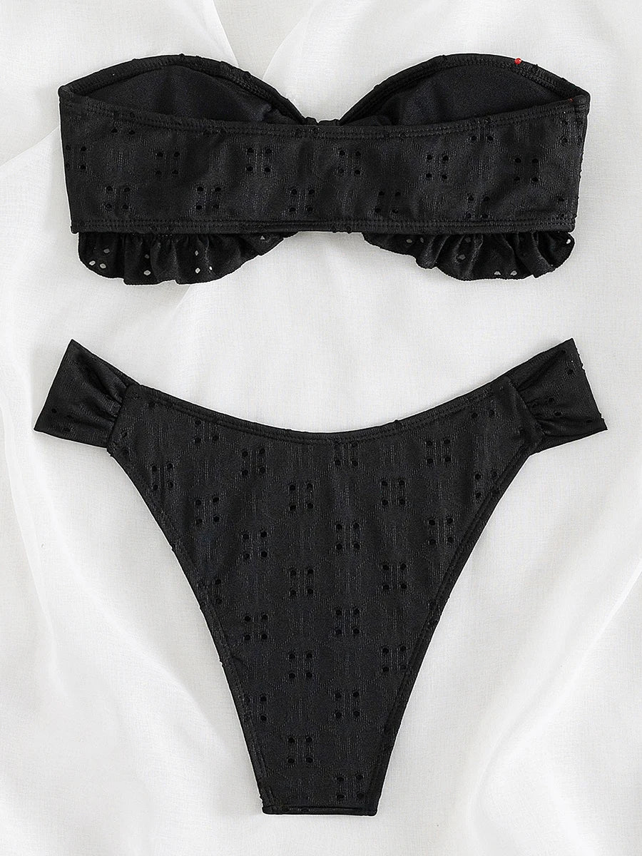 Ruffled Frill Knotted Bandeau Bikini Women Swimwear Female Swimsuit Two-pieces Bikini Set Strapless Bathing Suit Swim Beach Wear