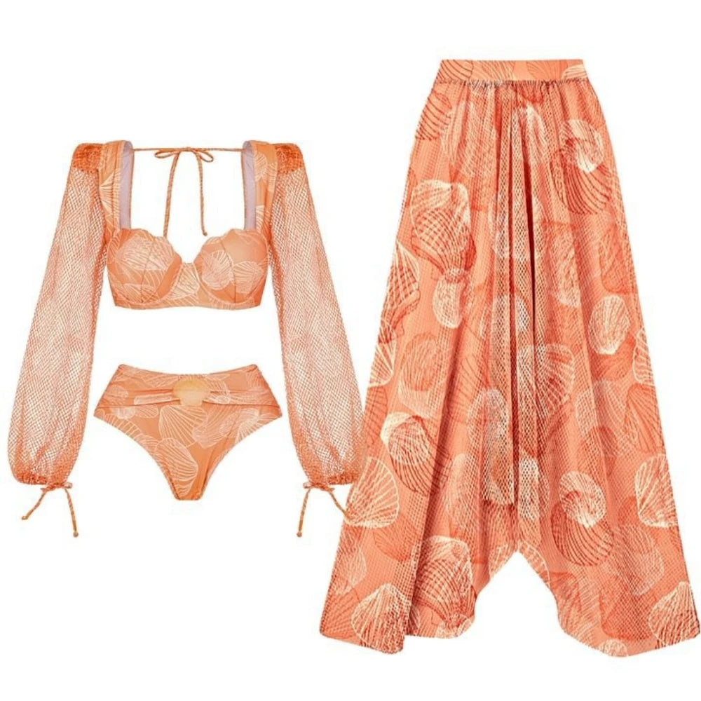 2025 New High Quality Elegant One Piece Swimsuit And Skirt Print Deep-V Lace-up Women Bikini Set Swimwear Party Bathing Suit