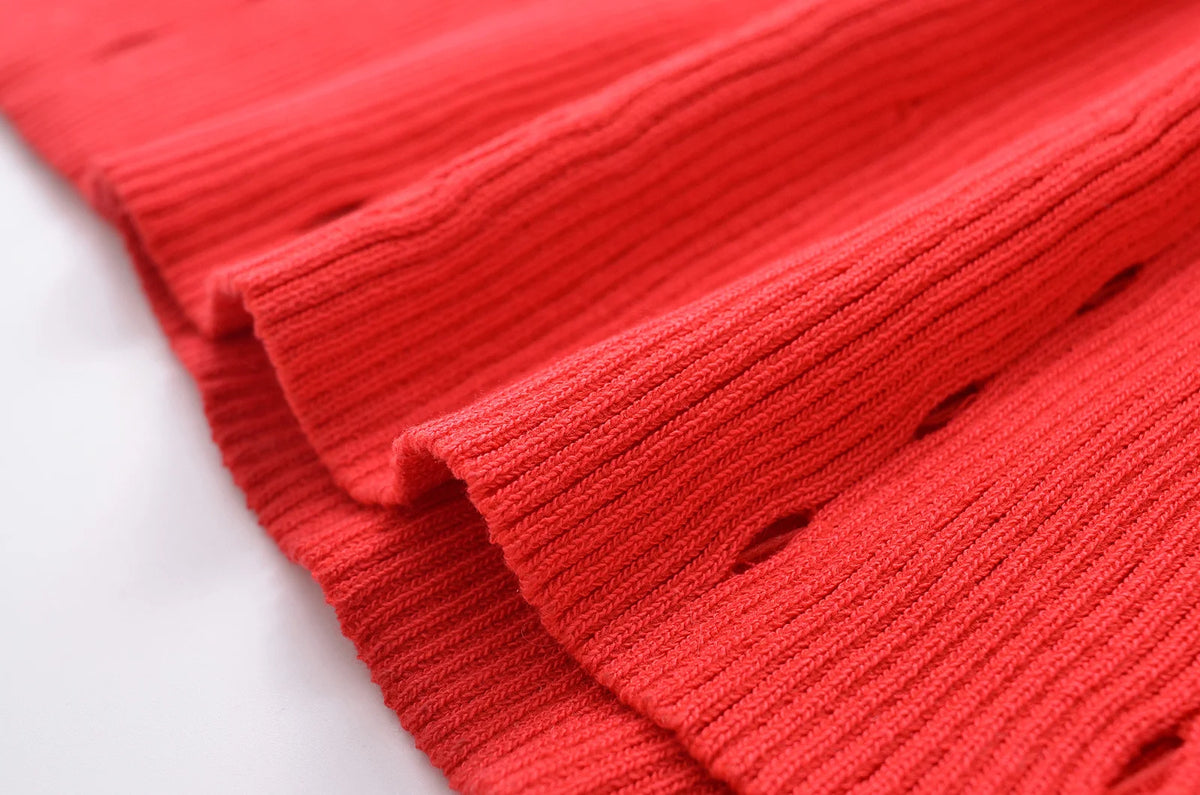 Foridol Red Knitted Polo Dress Autumn Winter Women Dress Casual Elegant Maxi A-line Hollow OutDress Slim Christmas Party