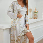 Women Floral Satin Pajama Set 2 Pieces Spaghetti Strap Slip Dress Long Robe Silky Sleepwear Loungewear Nightgown